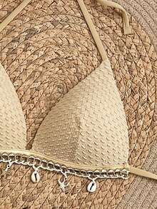 Swim Vcay Springbreak Solid Color Textured Fabric Shell Trim Halter Tie Bikini Top And Tie Triangle Bottoms Summer Vacation Beach Party Women's Bikini Set - Khaki - View 3