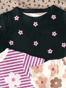 3pcs/Set Tween Girls Cute Floral Series Cream White,Pink Stripe,Black Crew Neck Short Sleeve T-Shirts,Summer Back-To-School Casual Outfits For School - White - View 5