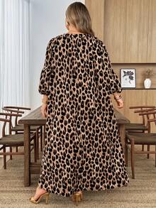 SHEIN CURVE+ Women's Plus Size Leopard Print V-Neck Dress, Chocolate Brown Bohemian Boho Vacation Casual Elegant Loose Robe Autumn Fall - Multicolor - View 3