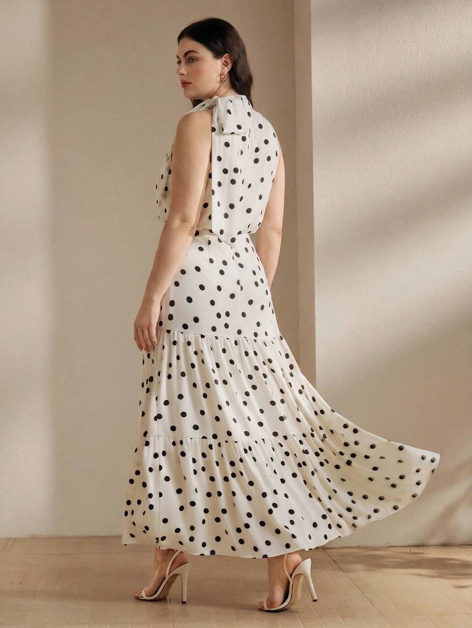 Women's Elegant Polka Dot Print Tie Collar Layered Maxi Dress,Black And White,Summer,1920s Flapper,Tea Party,Plus Size Fashion For Beach & Office