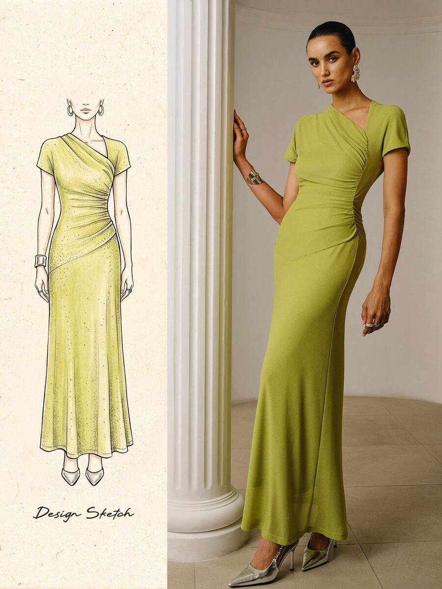 ZEYLAH SEQUIN KNIT ASYMMETRICAL SHOULDER MERMAID DRESS - Green - View 1