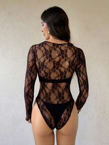 SHEIN Tall Sheer Lace Bodysuit, Bra Not Included, Tall Women - Coffee Brown - View 2