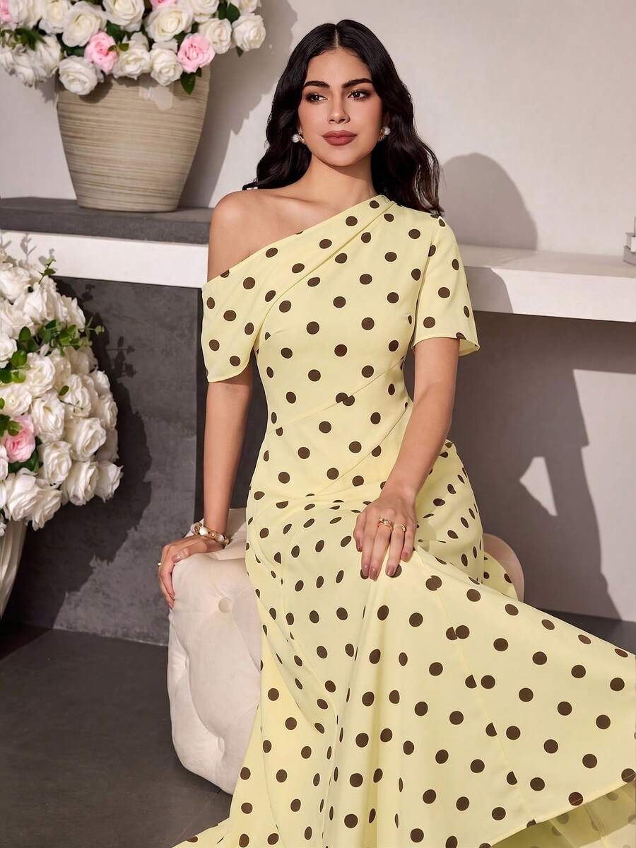 Modelyn 女士不对称腰身收腰波点连衣裙，春夏款