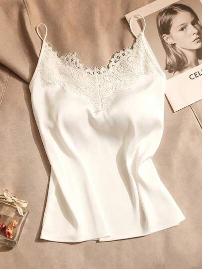 SHEIN Franclia Witte kanten camisole voor dames, sexy hoogwaardige stijlvolle vest top met acetaatsatijn blazerontwerp voor de zomer