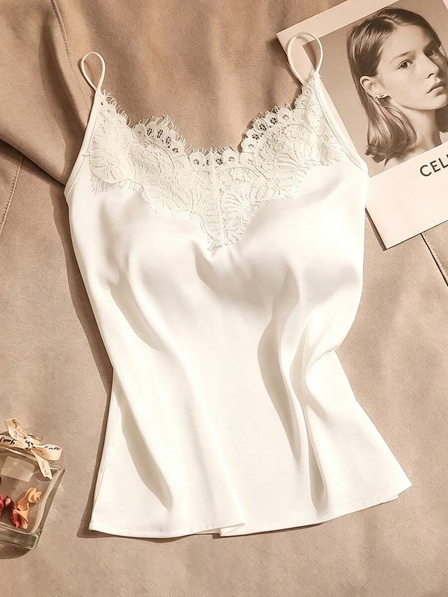 SHEIN Franclia Áo hai dây ren trắng dành cho nữ, thiết kế blazer bằng satin acetate, kiểu dáng gợi cảm cao cấp, thời trang cho mùa hè. - trắng - Xem 1