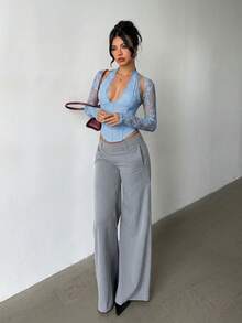 Aloruh 女款新款浪漫優雅迷人性感撩人蕾絲拼接修身鏤空束腰長袖上衣，適合約會、派對與街頭穿搭 - 淺藍色 - 查看 4