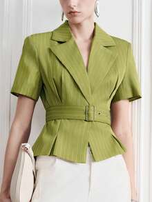 Aveloria Modichic Áo blazer ngắn tay sọc xanh ô liu cho nữ, dáng ôm eo định hình, phong cách tối giản đô thị sang trọng, đa năng cho đi làm & đi chơi - màu xanh lá - Xem 2