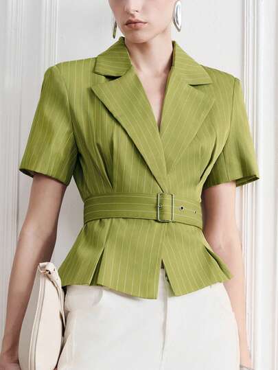 Aveloria Modichic Olive Green Pinstripe Short Sleeve Blazer For Women, Waist Cinched Structured Silhouette, Minimalist Urban Chic Style, Versatile For Commute & Leisure