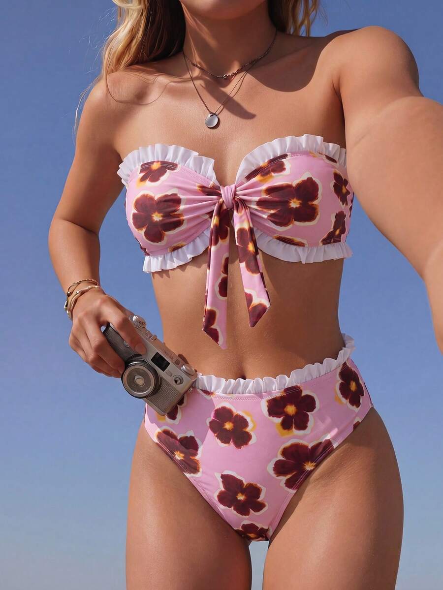 Swim Mod Spring/Summer Beach Vacation Striped Print 2 Pieces Set, Ruched Neckline, Ruffled Hem Pants - Multicolor - View 1