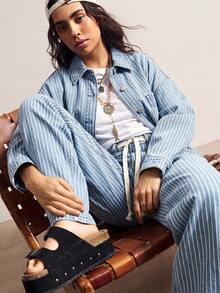 Bohemela 波西米亚风度假休闲条纹牛仔宽松女裤 - 淺藍色 - 查看 3