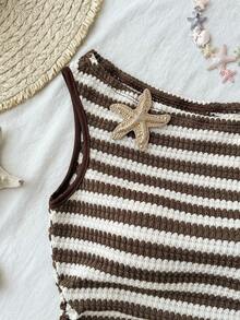 SHEIN Teen Girls Summer Casual Vacation Striped Asymmetrical Shoulder Starfish Metal Decor Fitted Mini Jumpsuit, Beach, Cruise, Road Trip, City Vacation, Music Festival, Bohemian, Seaside, Summer, All Season, Daily Commute - Coffee Brown - View 3
