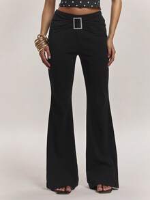 SHEIN BAE Women's Solid Color Metal Decor Casual Versatile Daily Wear Flare Pants - Black - View 1