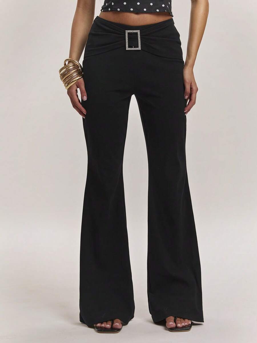 SHEIN BAE Women's Solid Color Metal Decor Casual Versatile Daily Wear Flare Pants - Black - View 1