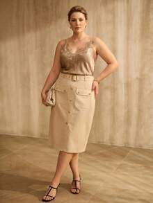 MOTF PREMIUM PLUS SIZE WOMEN'S SPRING/SUMMER SATIN CONTRAST LACE EMBROIDERED CAMISOLE TOP - Brown - View 3
