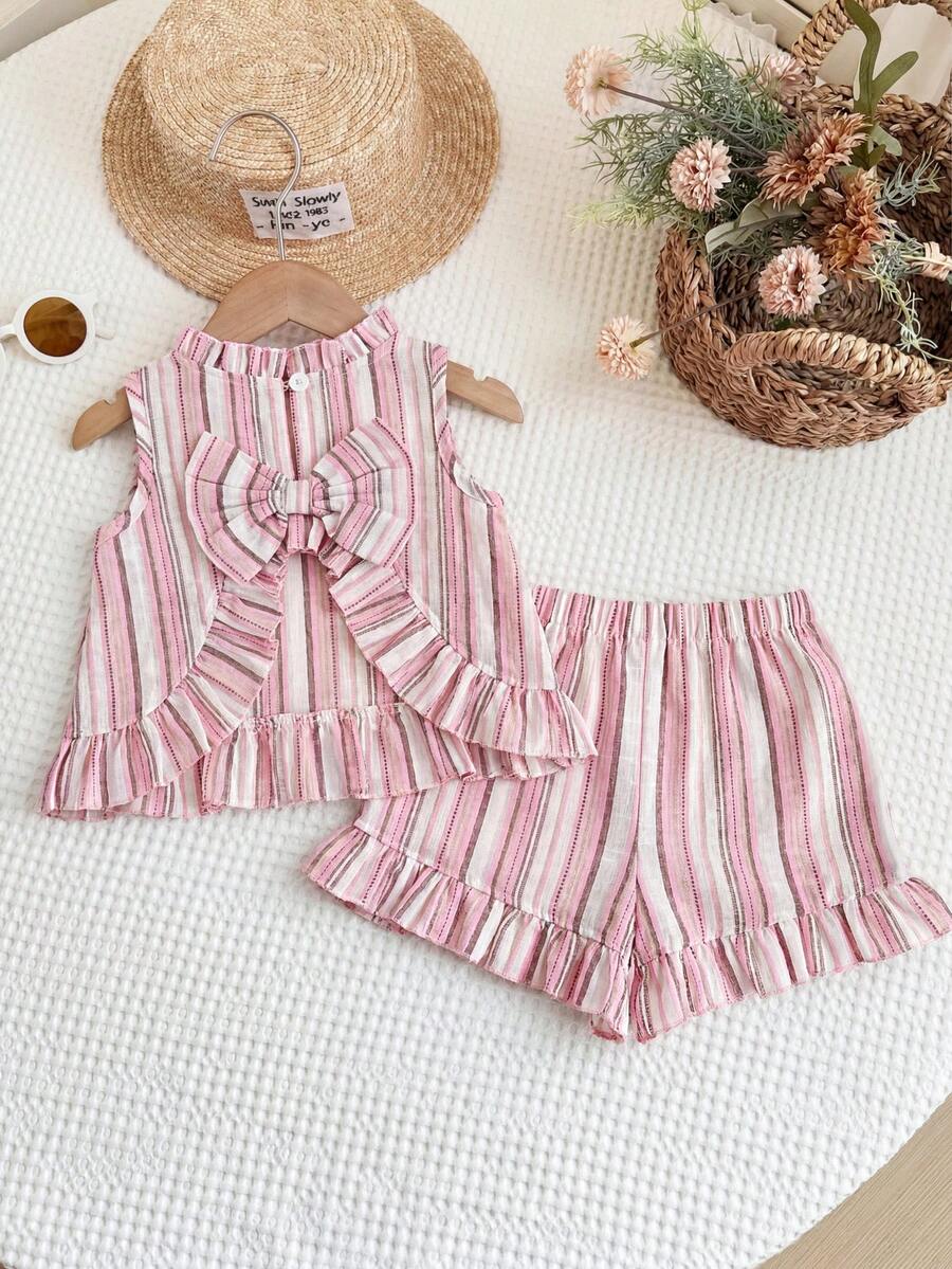 LMoss Kids Set de 2 piezas de chaleco y pantalones cortos de punto de unicolor con cuello redondo y ribete de volantes para bebé niña - Multicolor - Ver 1