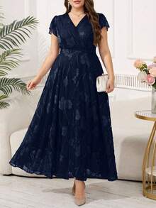 Reflora Plus Size Women's Elegant Floral Print Dress, Summer Wedding Guest Dress - Navy Blue - View 12