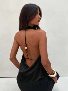 Aloruh Women's Elegant Commuter Halter Backless Satin Solid Color Blouse - Black - View 7