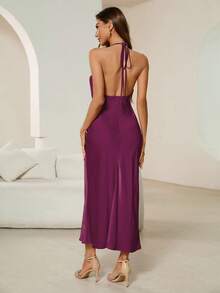 Revavyn Đầm bodycon dài maxi hở lưng màu trơn thanh lịch cho nữ, Đầm dự tiệc sinh nhật ngày lễ mùa hè - Màu tím - Xem 2