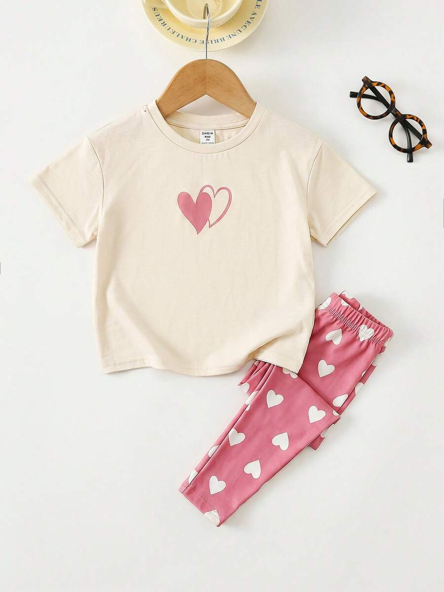 SHEIN 2件套 女童爱心图案针织宽松休闲圆领T恤和爱心装饰裤套装 - 彩色 - 查看 1
