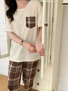 2件套少女休闲宽松落肩上衣和复古格子裤家居服套装 - 杏色 - 查看 7