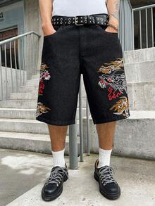 GALLERY FADE Men's Casual Street Style Embroidered Black Denim Shorts - Black - View 8