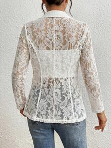 SHEIN Clasi 女款性感蕾絲缺口領單排釦西裝外套，夏季 - 白色 - 查看 3