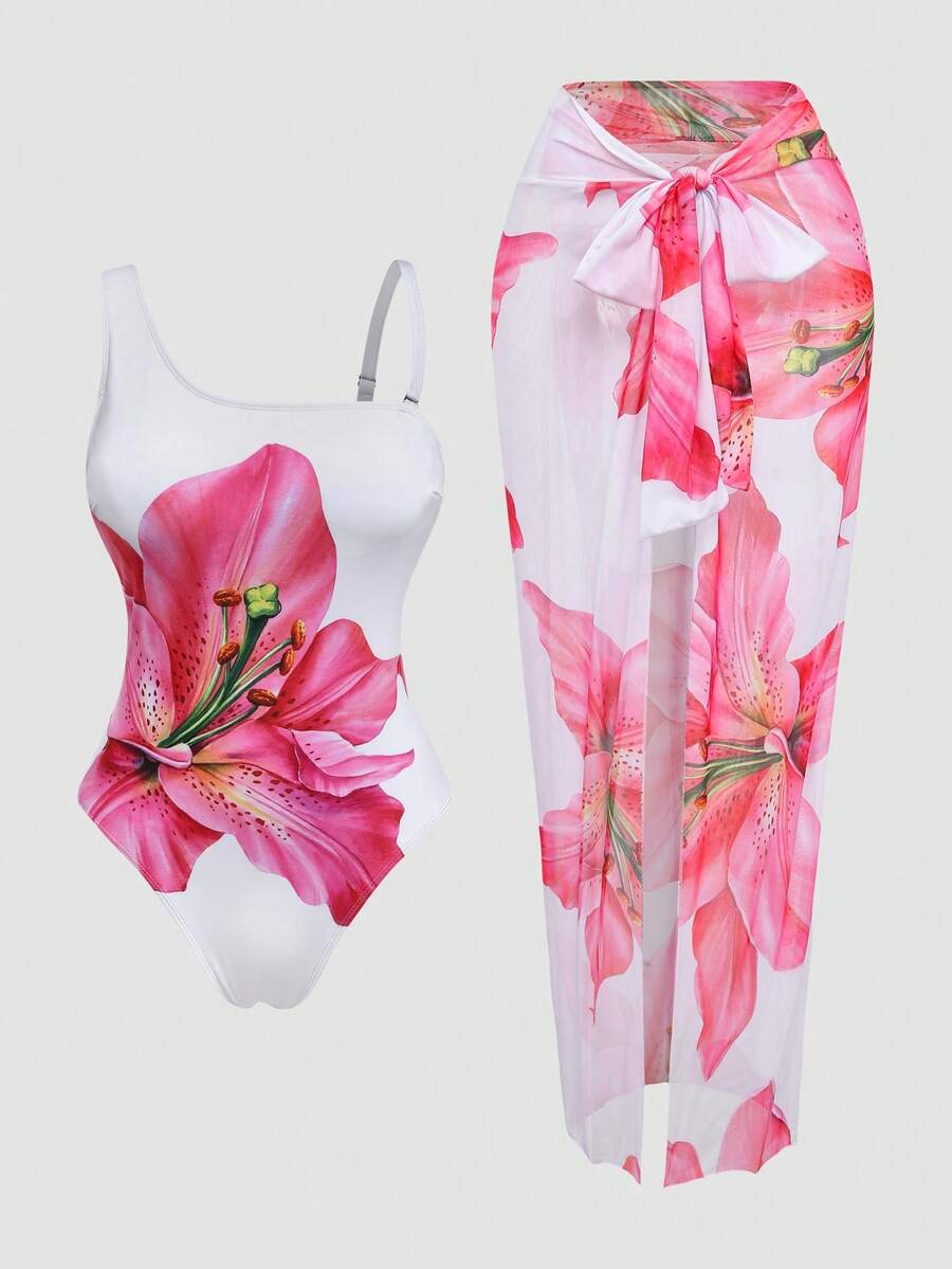 Swim Oasis Plus Size 2-Piece Swimsuit Set For Women, Elegant White Lily Flower Print One-Piece With Detachable Straps, Matching Sarong Skirt, Summer Vacation - White - View 1