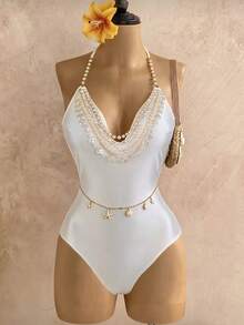 Swim Oasis New Shell Beaded Chain Decor Shiny Backless One-Piece Swimsuit For Women - White - View 1