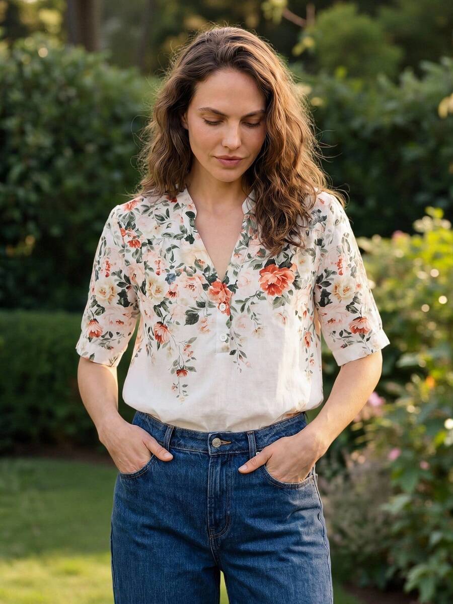 Dayvera Women's Elegant Summer Casual Floral Textured Linen Bamboo Fiber Short Sleeve Shirt, Suitable For Vacation, Commute And Daily Wear Beige