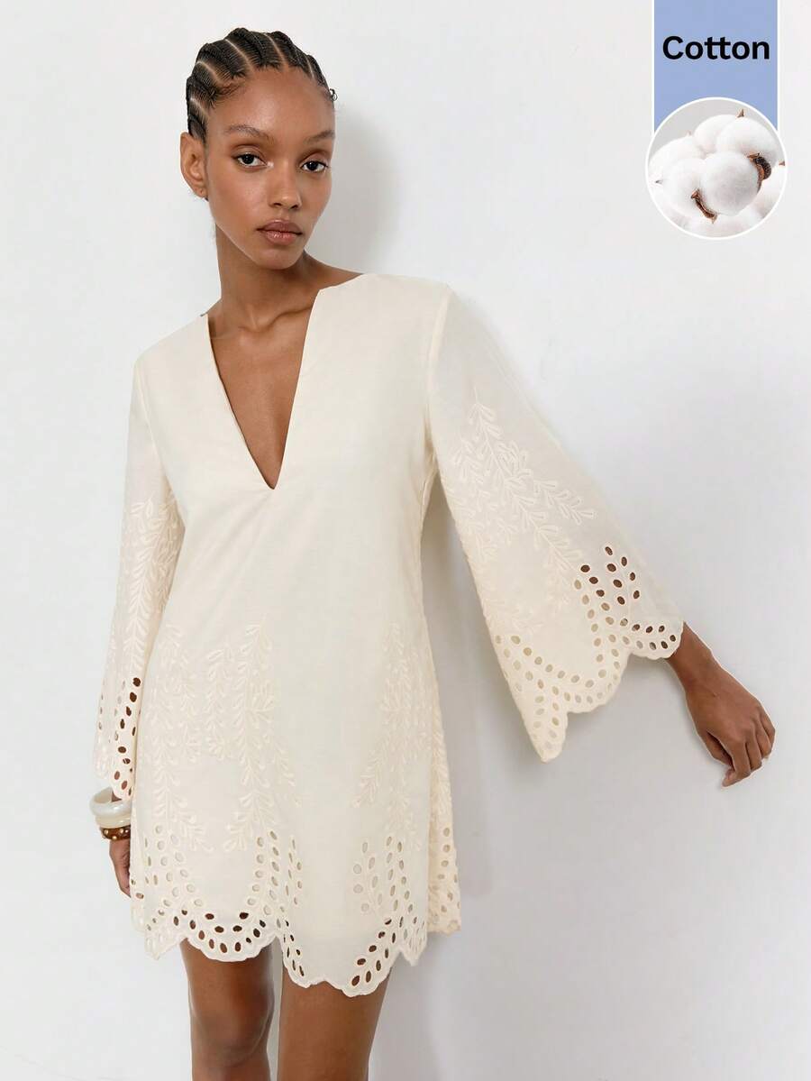 Maija Women's Deep V-Neck Hollow Out Embroidered Casual Mini Dress - Apricot - View 1