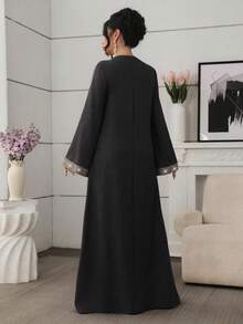 Al Najma Solid Color V-Neck Loose Long Sleeve Elegant Ribbon Decor Everyday Dress - Black - View 2