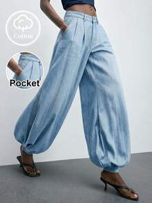 Maija Quần jeans nữ đơn sắc tối giản mặc hàng ngày - Màu xanh lam - Xem 4