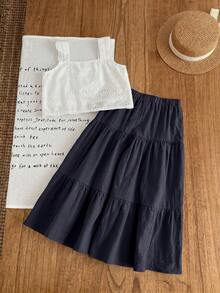 Emery Rose Kids Emery Rose Kids 2pcs Young Girl Woven Solid Color Square Neck Ruffle Trim Casual Camisole And Long Pants Set - Navy Blue - View 6