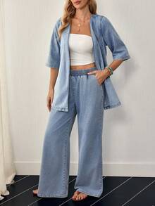 EMERY ROSE Women's Metal Buckle Versatile Short Sleeve Tie-Front Top And Casual Loose Pocket Denim Pants Set - Blue - View 7