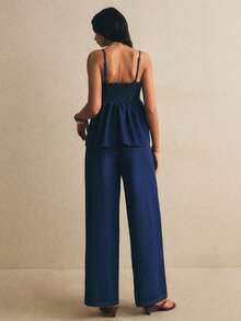 Poéselle Women's Solid Color Tank Top And Elastic Waist Jeans Set, Dark Blue Two-Piece Set Casual Sets For Women  Y2K - Medium Wash - View 3