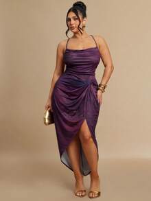 SHEIN BAE Robe grande taille à bretelles spaghetti fendue haute avec effet dégradé et dos nu - Prune - Voir 7