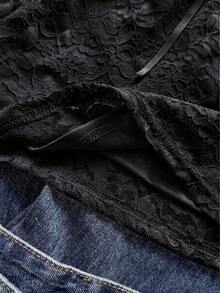 SHEIN 女款純色扭結修身優雅長袖蕾絲拼接上衣 - 黑色 - 查看 4