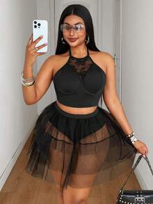 Maweii Plus Size Women Sexy Lace Corset 2 Pieces Set, Cake Skirt - Black - View 1