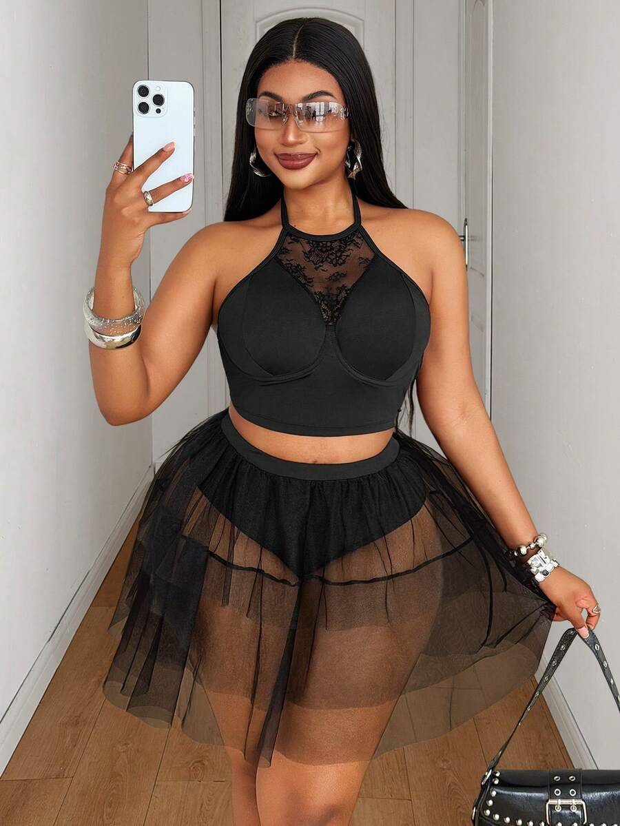 Maweii Plus Size Women Sexy Lace Corset 2 Pieces Set, Cake Skirt - Black - View 1