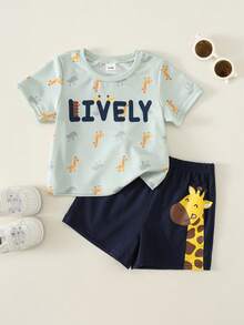 SHEIN 2pcs Baby Boy Casual Simple T-Shirt Set Suitable For Summer, Classic Cute Hand-Drawn Fairy Tale Animal World Pattern Print, Giraffe Pattern Print - Multicolor - View 10