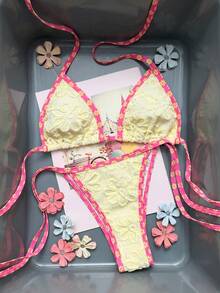 Swim Mod 2026新款Y2K印花比基尼套裝，黃色&粉色肩帶兩件式泳衣，可愛夏季海灘穿搭 - 黃色 - 查看 4