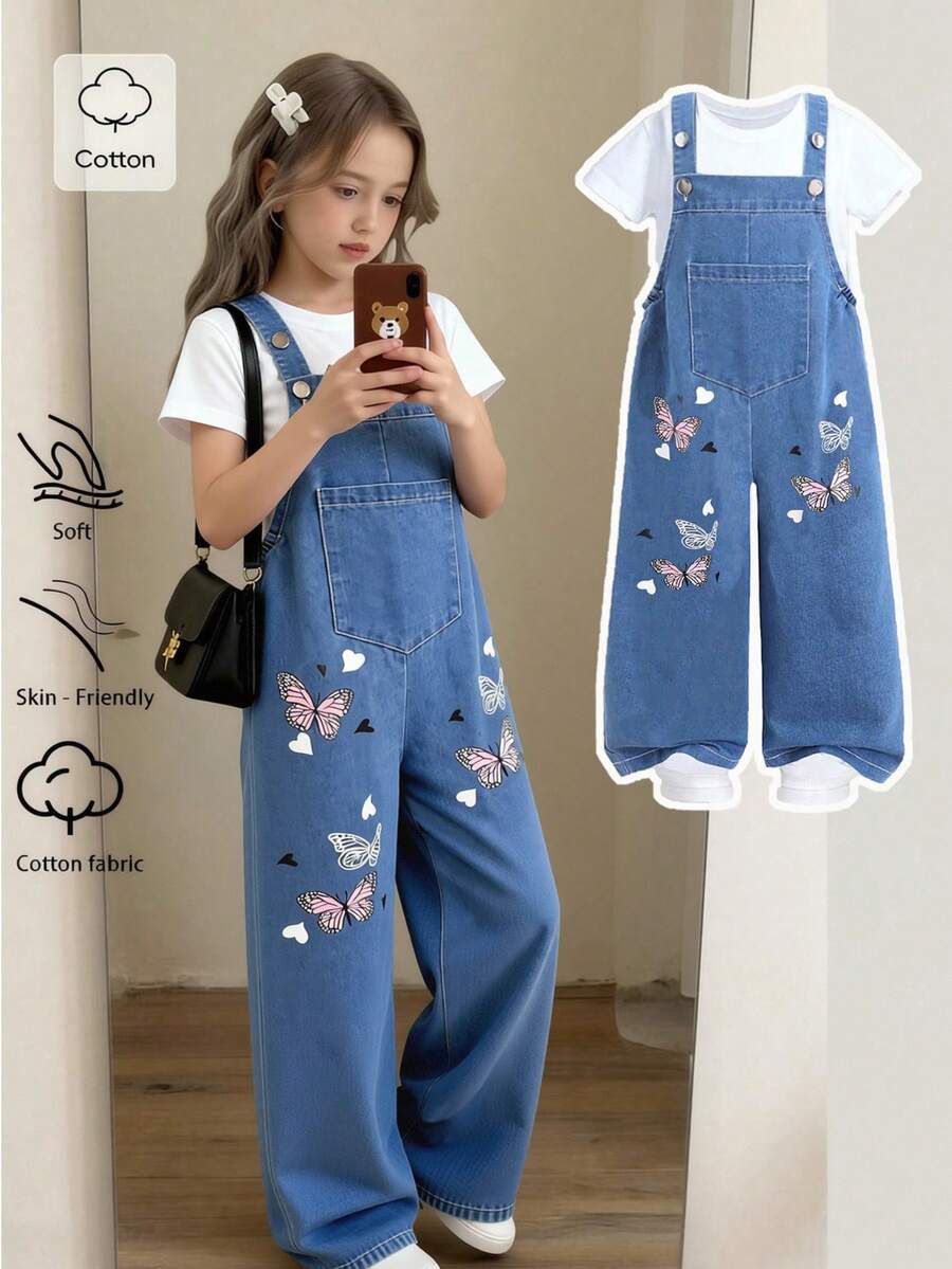 SHEIN Bộ áo liền quần thời trang mùa hè mới cho bé gái, họa tiết bướm dễ thương in kỹ thuật số, cúc kim loại, quần dài denim có yếm, phù hợp cho các bé gái tuổi teen trở lại trường học, dễ thương, ngọt ngào, năng động, thích hợp cho các hoạt động hàng ngày như đi học, đi chơi, du lịch, dự tiệc, chụp ảnh. Áo ba lỗ Lilo và Stitch cho bé gái, kiểu quần cargo.