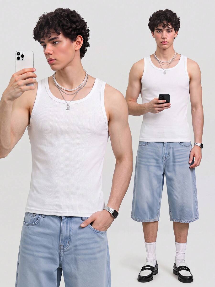 Men 100% Cotton Solid Tank Top - White - View 1