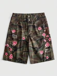 ROMWE MEN Men's Floral Embroidery Pattern Loose Fit Denim Shorts With Wide Waistband - Multicolor - View 2