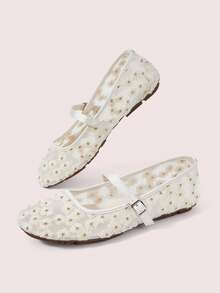 CUCCOO DOLLMOD Women's Shoes, Beige, Round Toe Mary Jane Flats, Flower Embroidered Mesh Yarn, Sweet And Cute, Comfortable, Soft And Breathable - Fireworks - Apricot - View 3