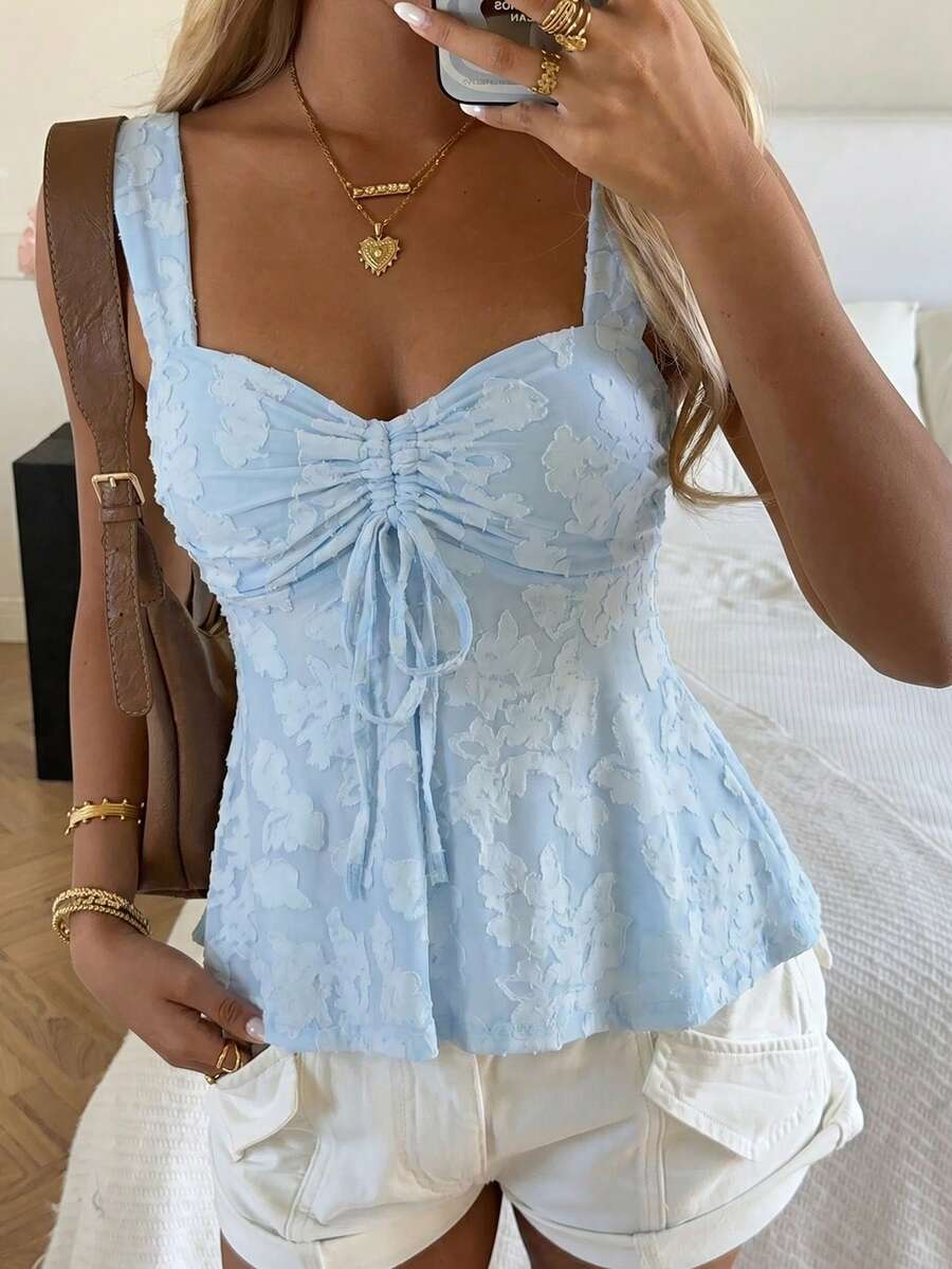SHEIN EZwear 女士时尚镂空褶皱系带针织吊带衫 - 藍色 - 查看 1