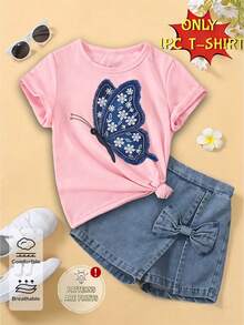 Girls' Casual Butterfly Print Basic Tee, Comfortable Daily Wear, Suitable For Spring, Summer And Autumn - Pink - View 3