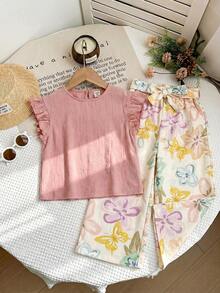 LMoss Kids 2件套女婴纯色荷叶边领上衣和宽松碎花裤套装 - 粉色 - 查看 6
