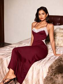 Slumberist Deep V-Neck Lace Contrast Color Backless Criss-Cross Strap Fishtail Dress - Burgundy - View 5