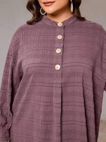 Solavon Camisa larga informal de talla grande para mujer, de unicolor, con mangas largas, hombros caídos y botones de media solapa, para el otoño - Púrpura polvoriento - Ver 8